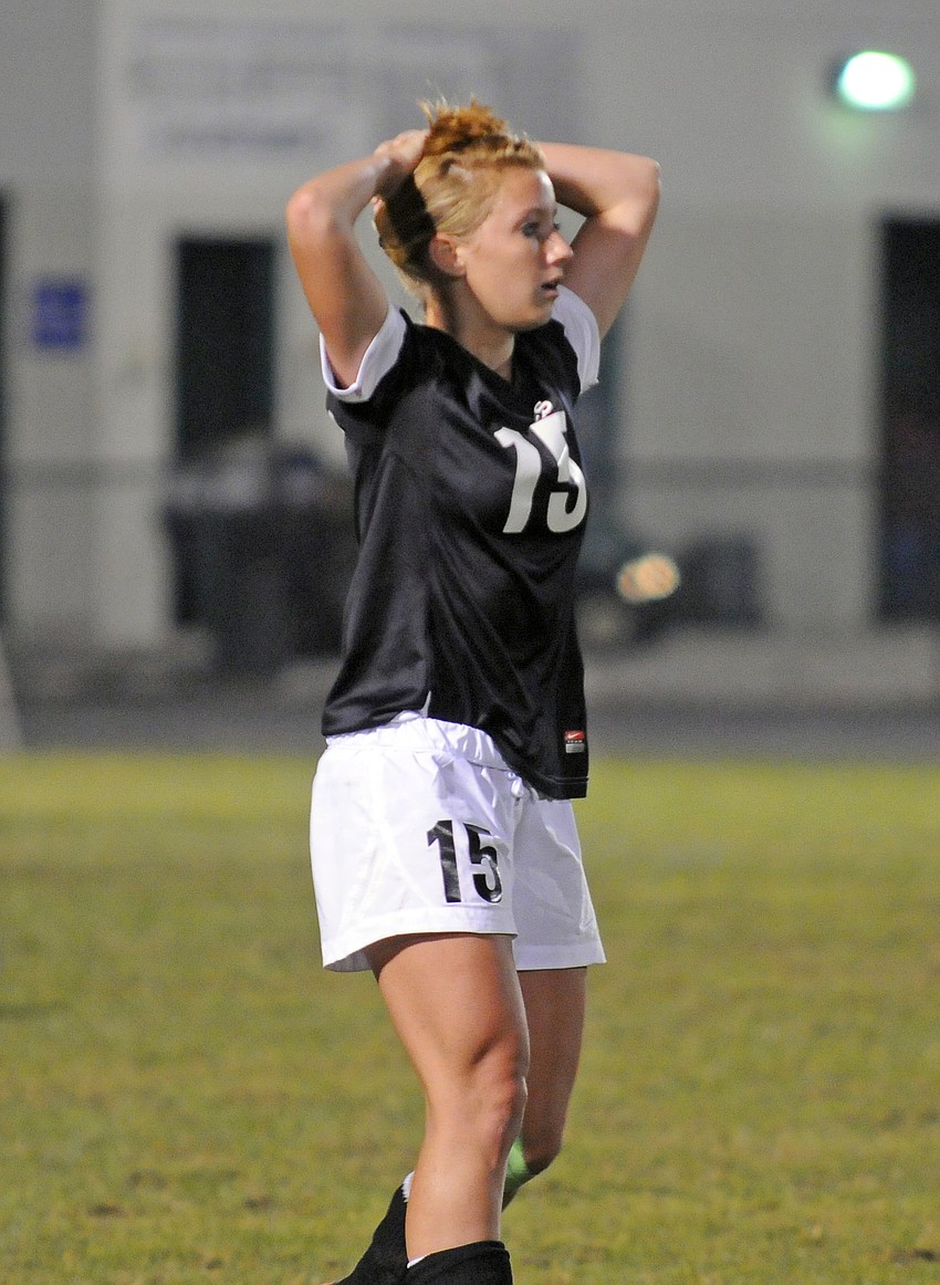 Braden Riverâ€™s Faith Pearce reacts after watching Lakewood Ranch tie the game 2-2.