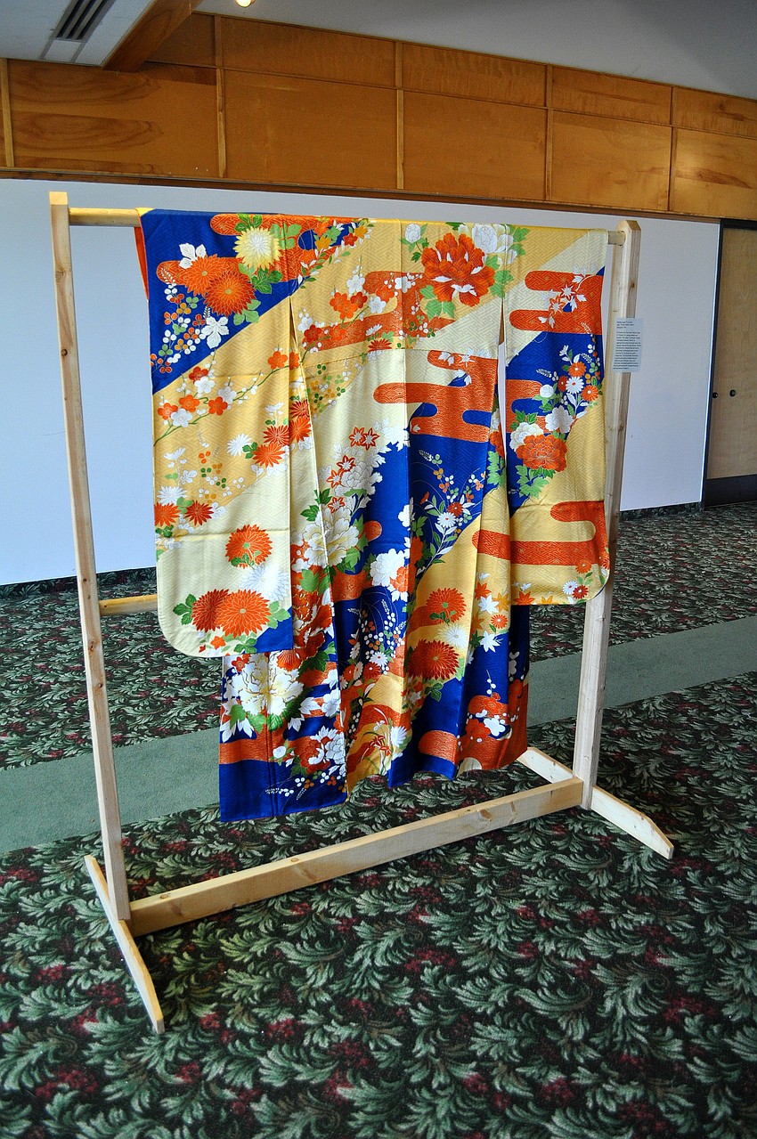 The Sarasota/Manatee Kimono Club had a wide variety of kimonos on display including this Furisode, one of the most formal types of kimonos for young, unmarried women.