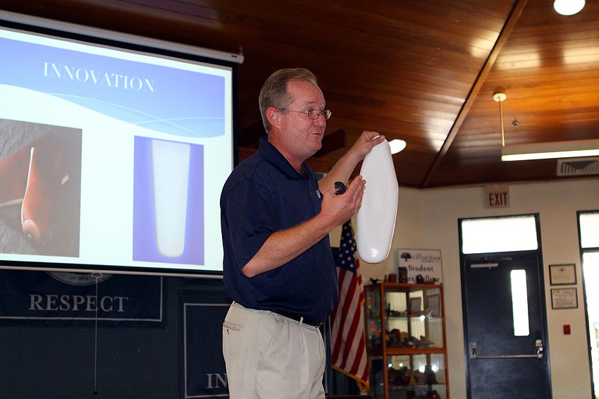 Dan Strzempka talks about Winter's Gel, a sleeve that goes inside the prosthetic tail. Strzempka, who has a fake left leg, also uses Winter's Gel.