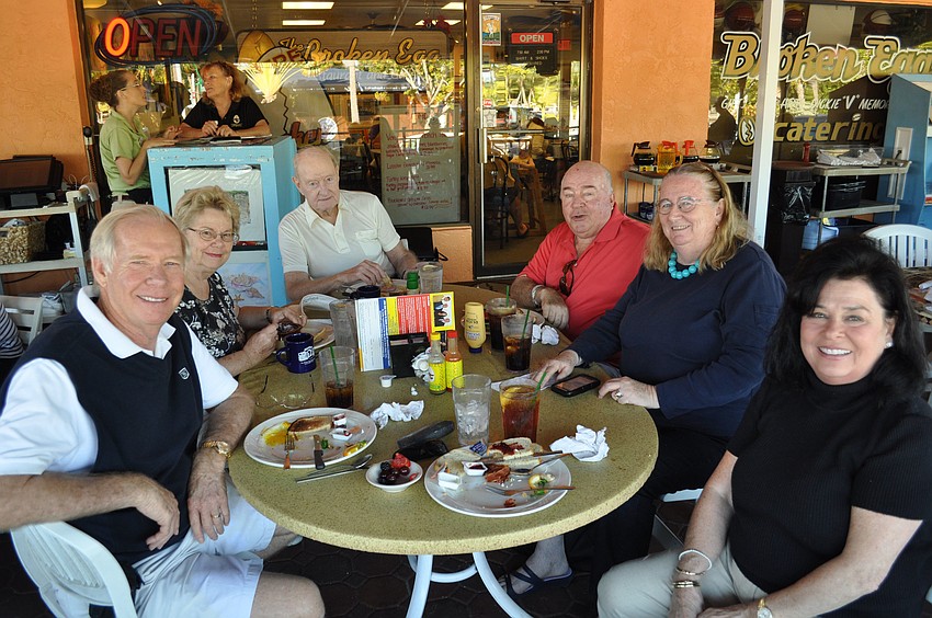 Lloyd Marks, Ruth and Mel Arnold, Richie Irving, Helene Hyland and Suzanne Marks enjoy breakfast at The Broken Egg.