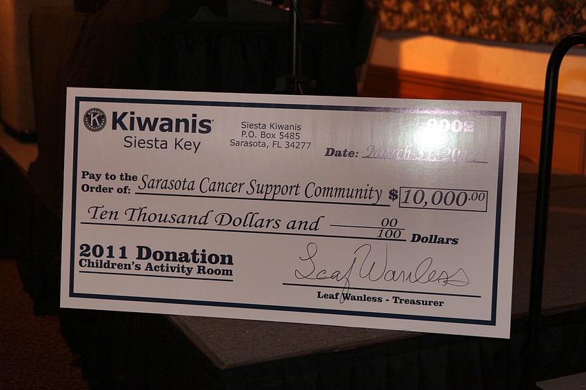 The last $10,000 of the $50,000 that the Siesta Key Kiwanis Club donated to the Childrenâ€™s Expressive Arts Center at the Wellness Cancer Center for Children in Lakewood Ranch.