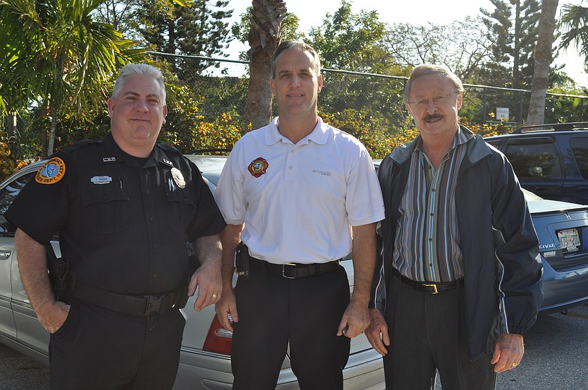 Officer Tom Fraser, Firechief Paul Dezzi and Director at Casa Del Mar Bill Buerger