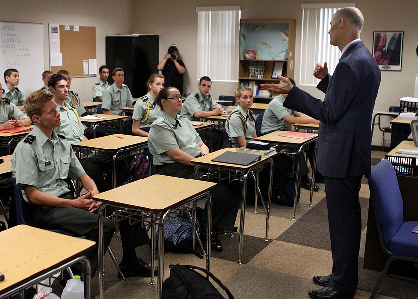 Gov. Rick Scott talks to a math class, Friday, Feb. 17, at  Sarasota Military Academy.
