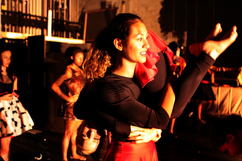 Dyami Cornejo-D'Oyen and Rachel Lambright get ready to make an entrance during Booker High School VPAâ€™s Spring Dance Performance, Thursday, March 29, inside Booker High School Auditorium.