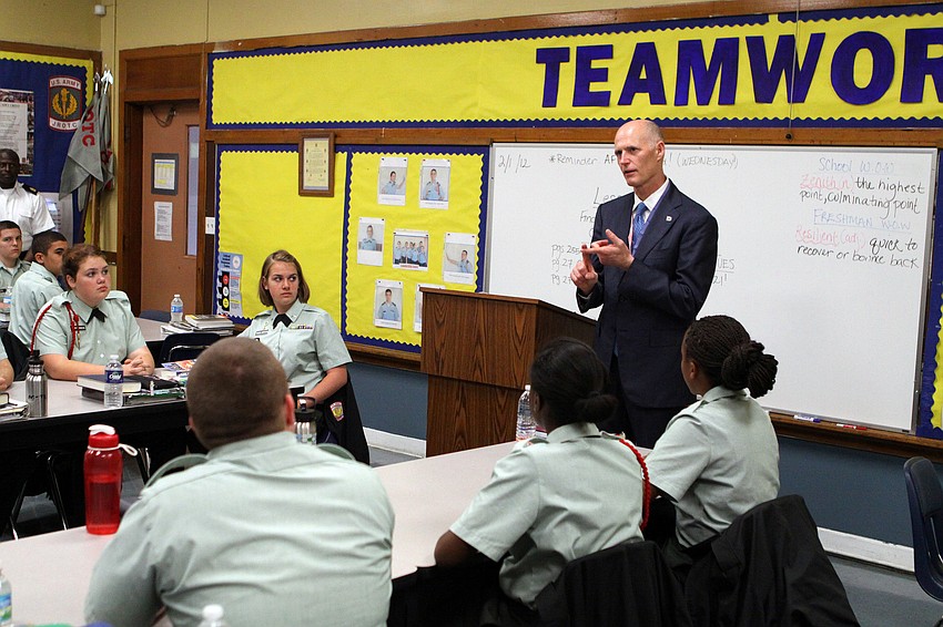 Gov. Rick Scott talks to a group of Freshmen at Sarasota Military Academy.