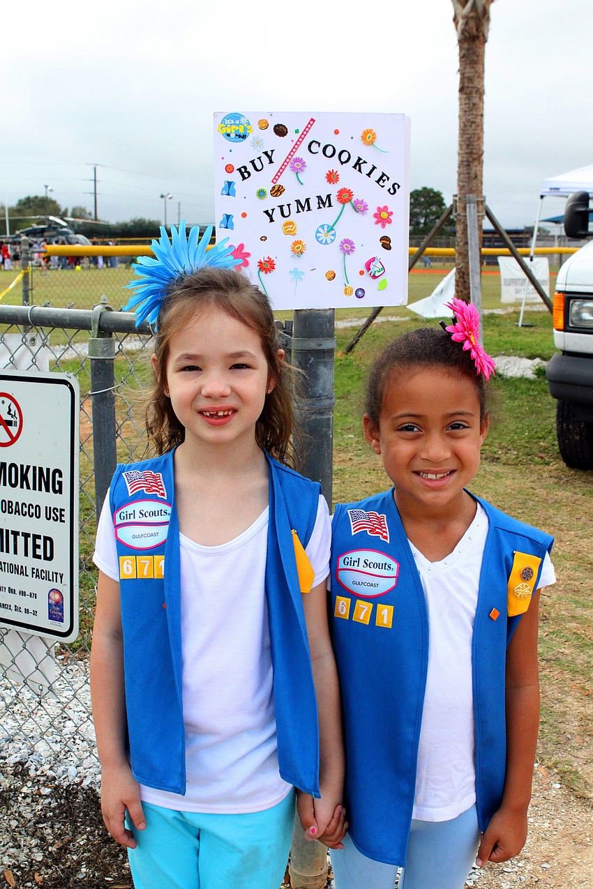 Kayla Rogers, 5, and Sophia Gillespie, 5, sold Girl Scout cookies at Twin Lakes Park.