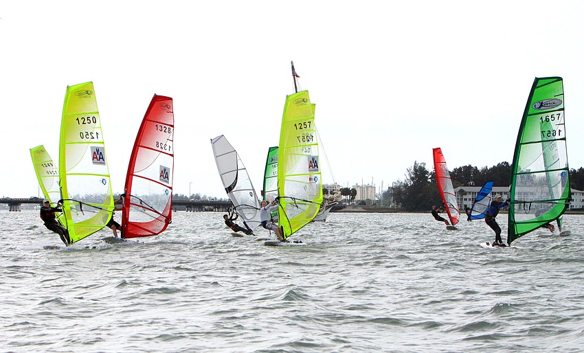 Windsurfers get ready to race, Sunday, Feb. 26, out in the Sarasota Bay.