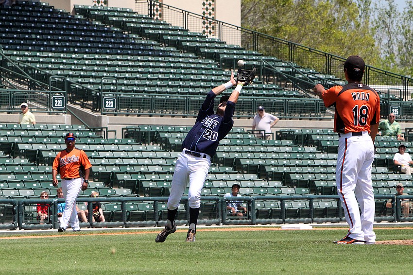 Connor Hale, 19, catches the ball in the infield to help make an out, Tuesday, April 3, at Ed Smith Stadium.