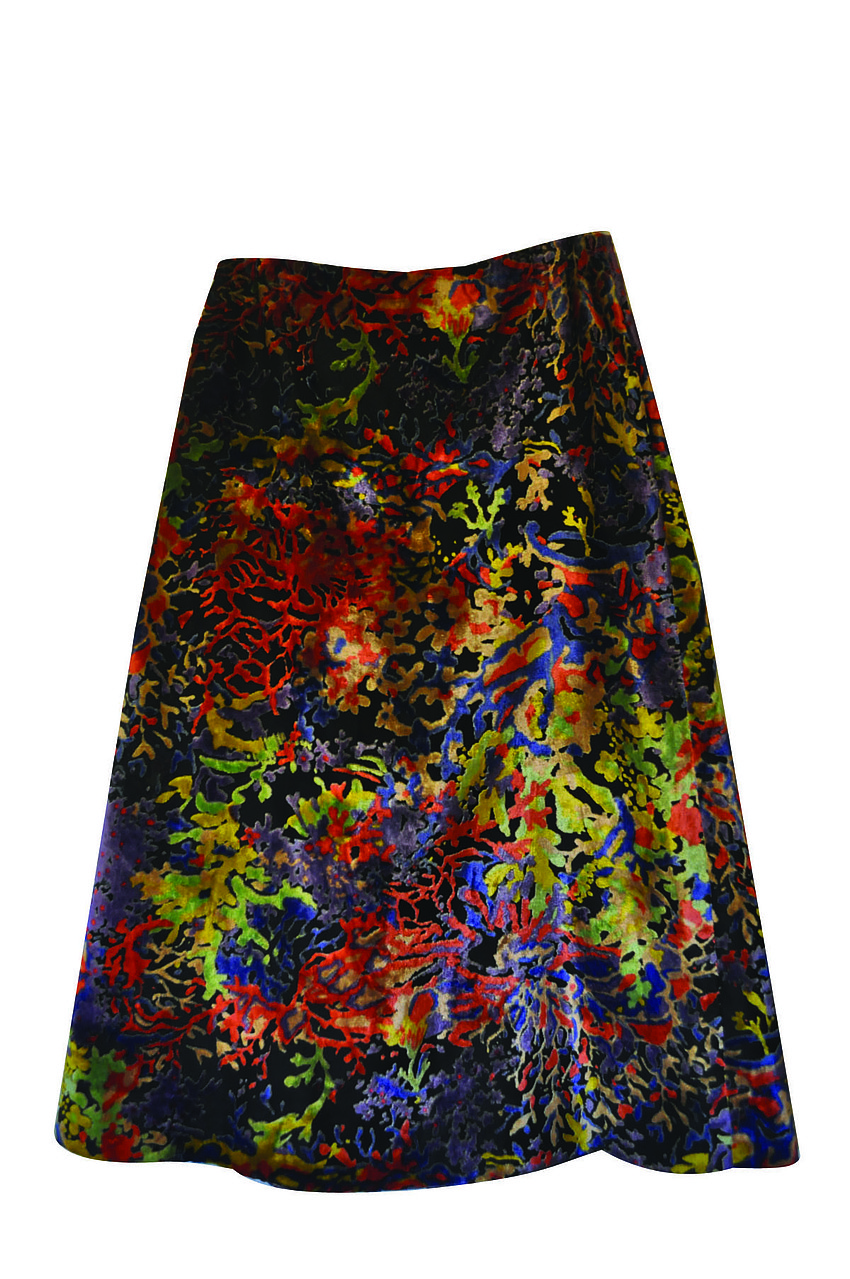 SKIRT FROM PARIS
<br><br>
â€œThis skirt is from a vintage store in Paris. I love the bright coral print. (And itâ€™s velvet!)â€