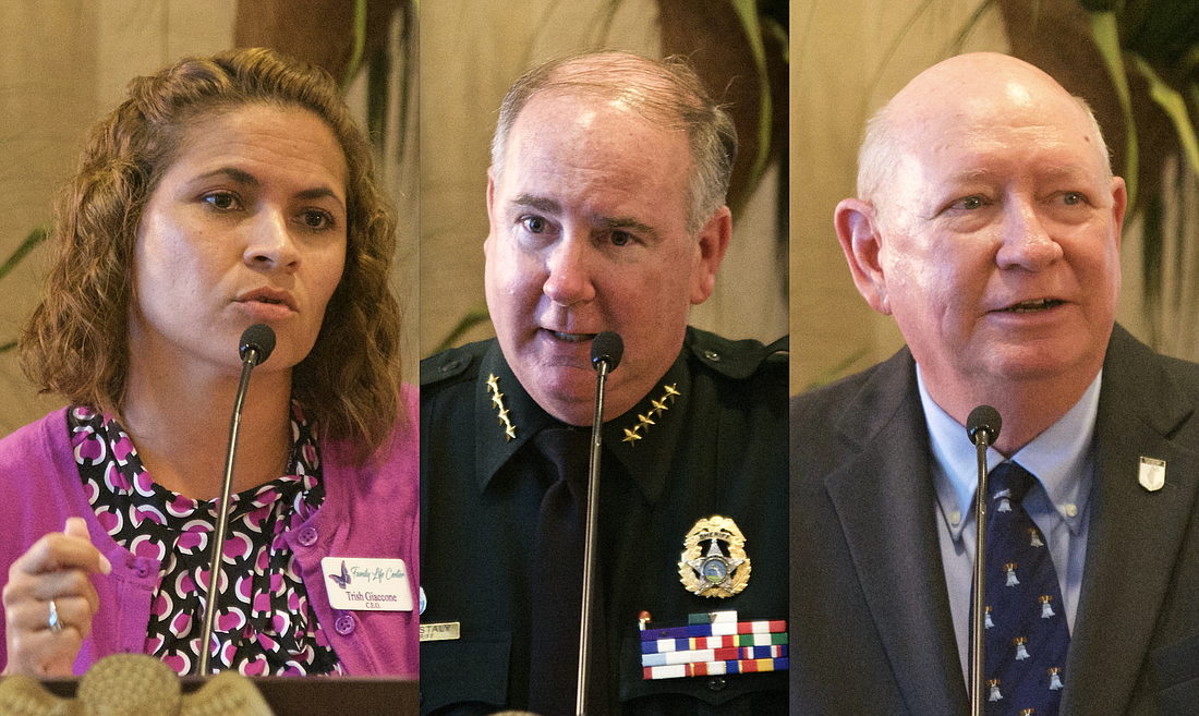 Family Life Center Director Trish Giaccone, Sheriff Rick Staly and Public Defender James Purdy were among the speakers at the Sheriff's Office's summit on domestic violence June 28. (Photos by Jonathan Simmons)