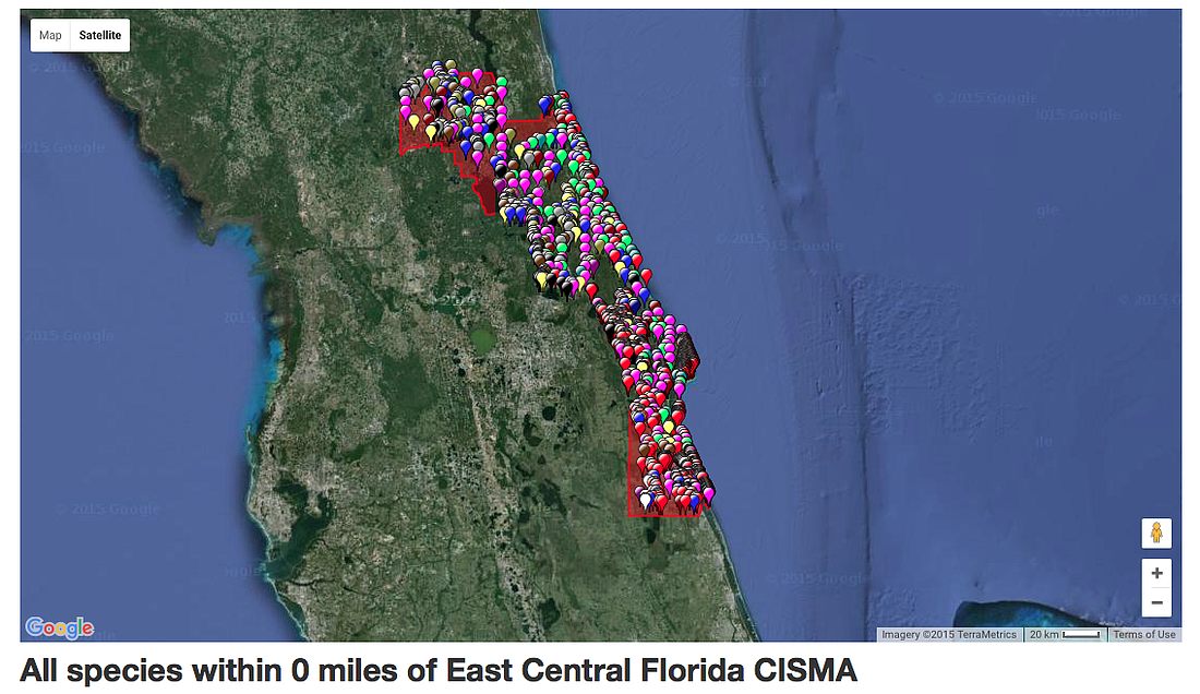 Each pin in this map on the EDDmaps website represents an invasive species reported in the East Central reporting district. Help the county and the water management district identify more on the invasive species count Oct. 29. (Image from EDDmaps.)