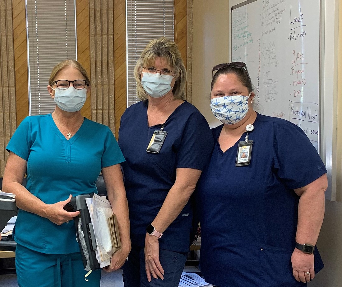 These three Department of Health staff members are among those helping the nursing strike teams with COVID-19 testing: Jenny Brady, Kim Stevens and Shanna Brayman. Courtesy photo
