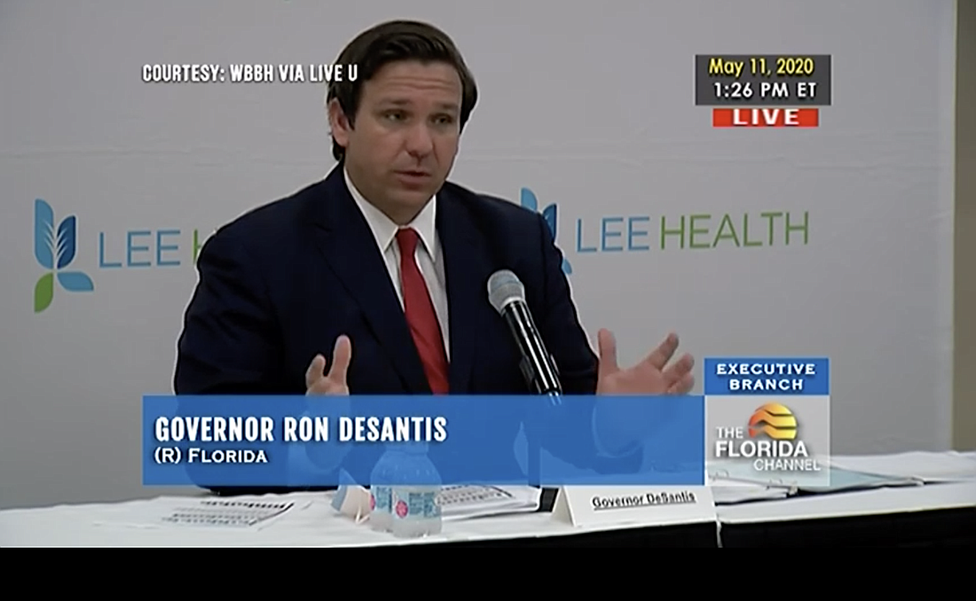 Florida Gov. Ron DeSantis speaks during a May 11 news conference. Image from screenshot of The Florida Channel livestream
