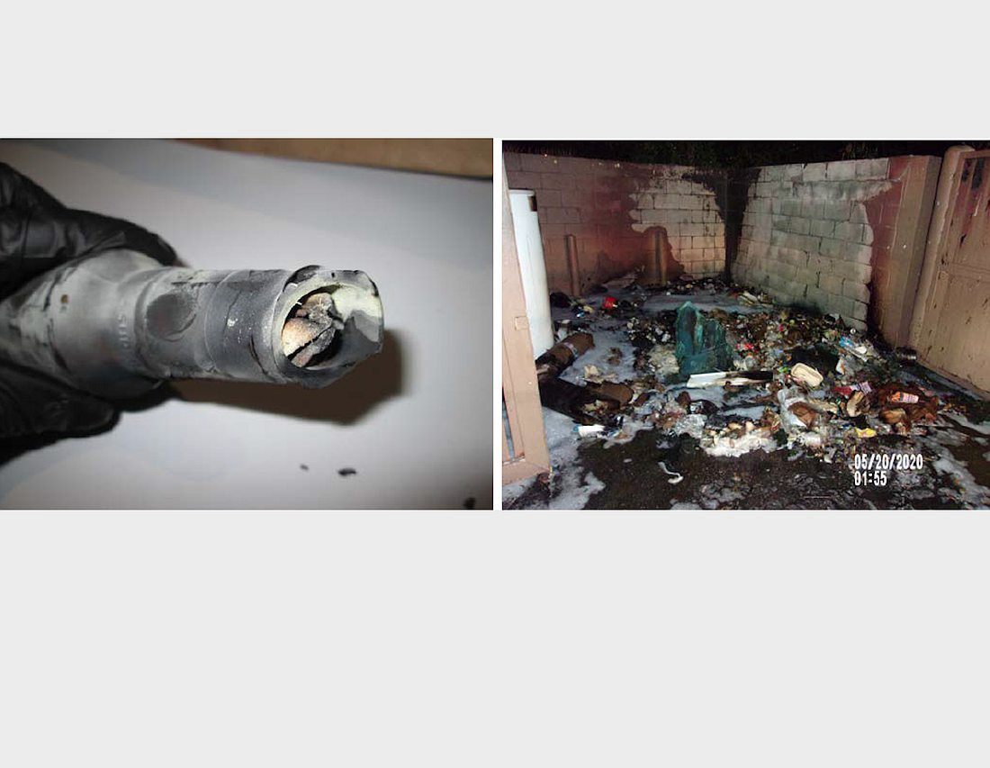 Left: Fire bomb from 4920 Belle Terre Parkway. Right: Dumpster at 1475 Palm Coast Parkway after the fire was put out. Photo courtesy of the FCSO