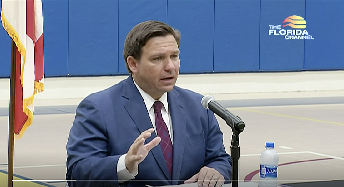 Gov. Ron DeSantis speaks during a press conference in Jacksonville May 22. Image from The Florida Channel livestream