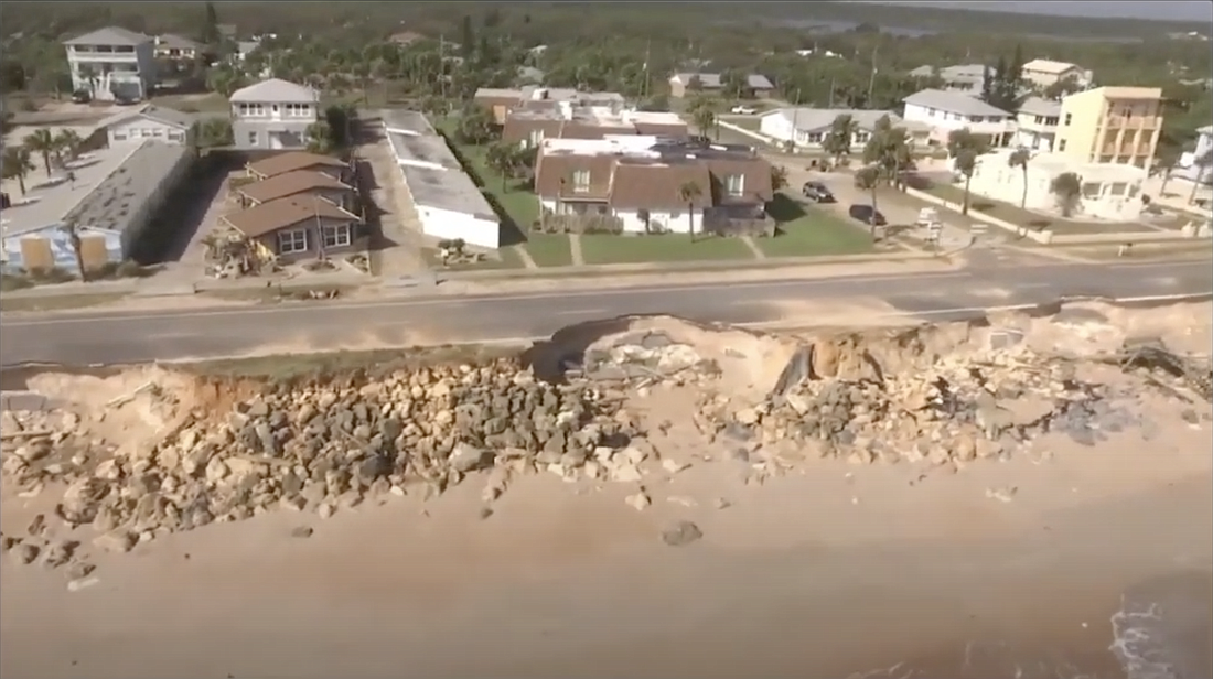 Drone footage of State Road A1A after Hurricane Matthew. The county hopes to prevent such damage in the future. Image courtesy of the Flagler County government