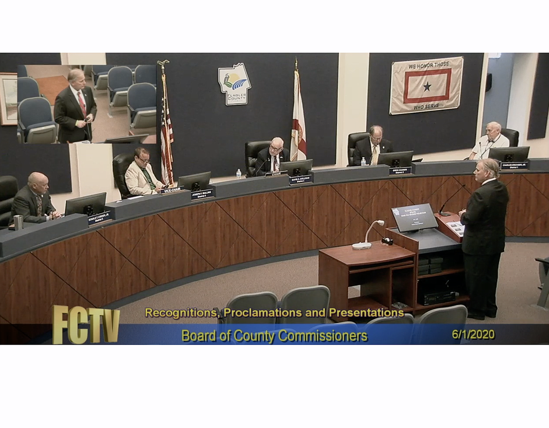 Flagler County Financial Services Director John Brower addresses county commissioners at a June 1 meeting. Image from meeting livestream