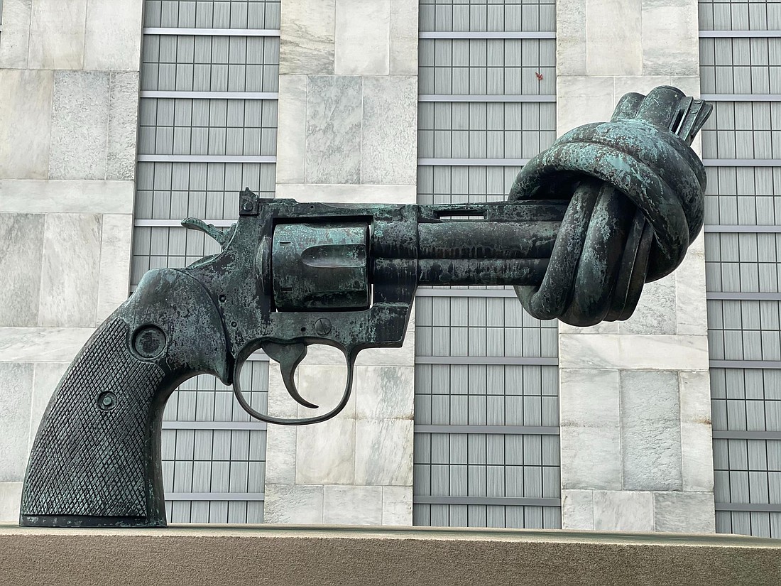 "'Non-Violence,' also known as The Knotted Gun, is a sculpture by Carl Fredrik ReuterswÃ¤rd of an oversized Colt Python .357 Magnum revolver with its muzzle tied in a knot," says Wikipedia. Photo by Maria Lysenko on Unsplash.