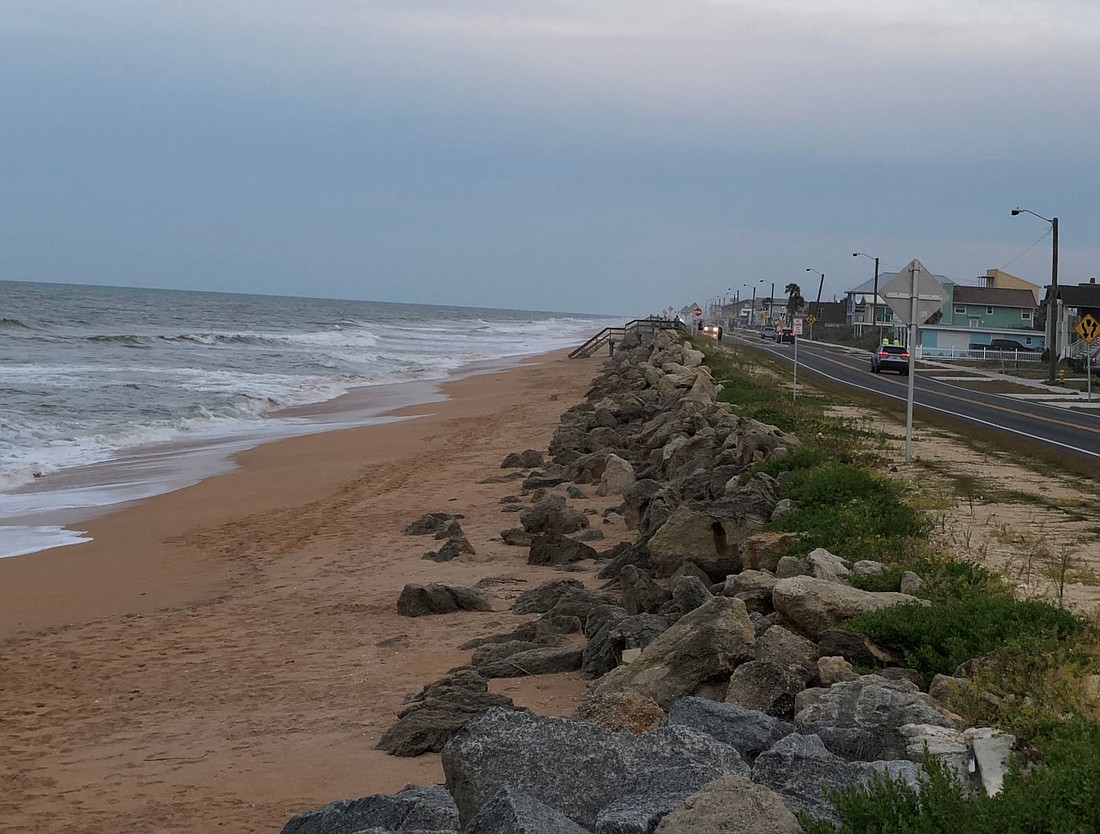The 1500 block of South Oceanshore Boulevard. The dune restoration would be constructed over the rocks and would widen the beach. Photo courtesy of Flagler County