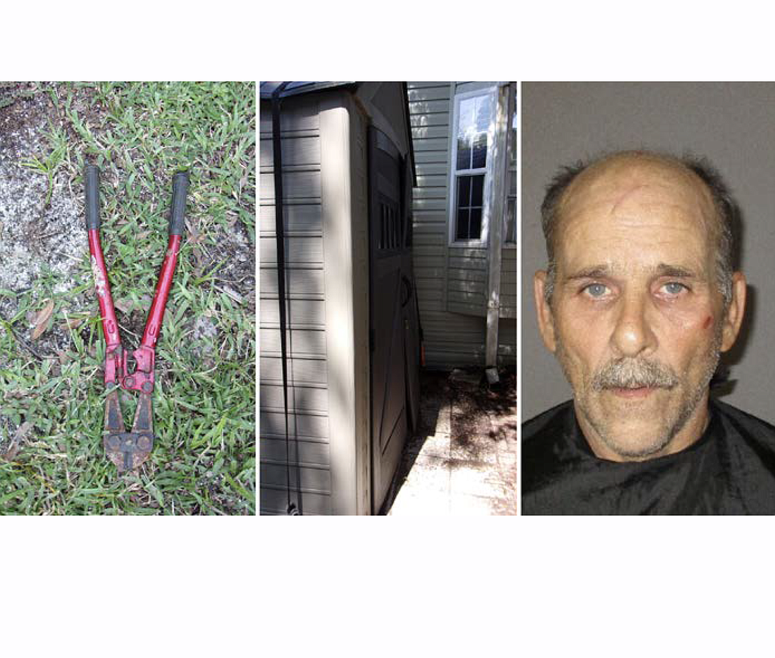 Bolt cutters, the damaged shed, and Mark Edward Jacobs. Photo courtesy of the FCSO