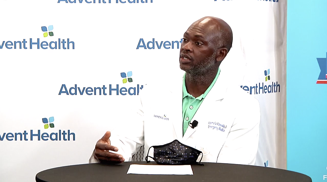 Dr.Â Ademola Adewale, emergency medicine physician at AdventHealth East Orlando. Screenshot courtesy of Life at AdventHealth Central Florida livestream