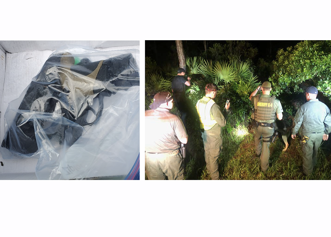 Left: Two of the stolen firearms in a shoebox. Right: FCSO K-9 Unit and ERT searching the woods. Photos courtesy of the FCSO
