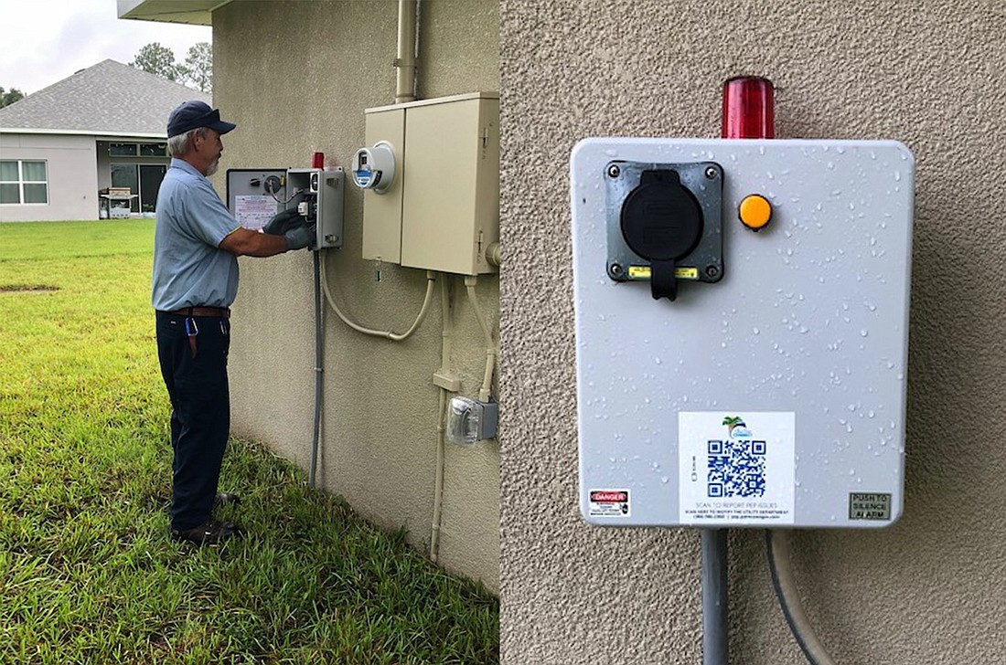 The city is installing generators at wastewater pumping stations to keep wastewater moving during a power outage. Here, a city staff member checks on a PEP tank panel. Photo courtesy of the city of Palm Coast