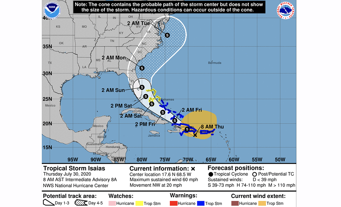 The National Hurricane Center's tracking map for Isaiah as of 8 am July 30. View maps at https://www.nhc.noaa.gov/.