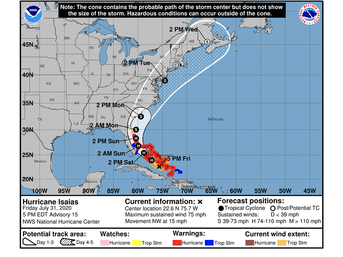 Hurricane Isaias' track as of 5 p.m. Friday, July 31. Image courtesy of the National Hurricane Center