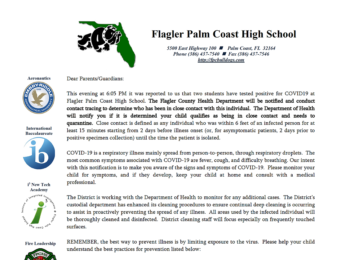 A letter sent Aug. 28 to FPC families states that two students have tested positive for COVID-19.