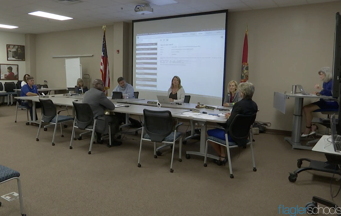 School Board members and staff speak during a Sept. 1 board  workshop. Image from meeting livestream