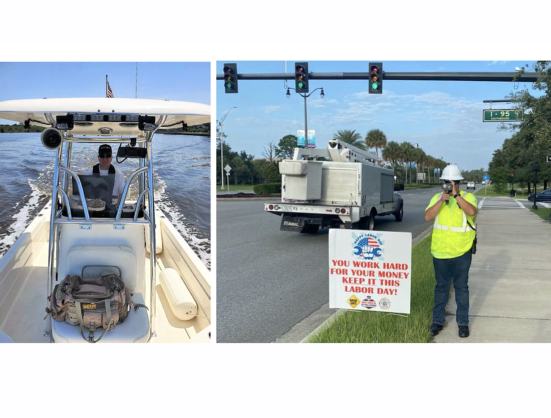 Left: Sheriff Rick Staly on marine patrol. Right: The Traffic Unit runs speed enforcement in Palm Coast. Photos courtesy of the FCSO