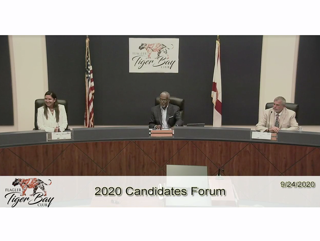 Incumbent Mayor Milissa Holland, left, moderator Howard Holley, and mayoral candidate Alan Lowe. Image from Flagler Tiger Bay Club Facebook Live feed