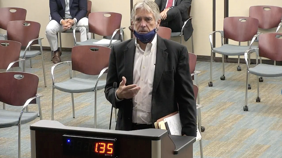 Attorney Dennis Bayer addresses the Palm Coast City Council on Oct. 6. Image from city meeting livestream