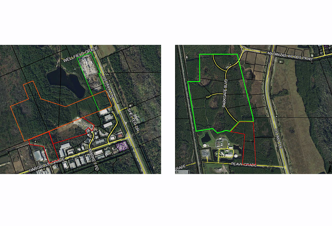The city's current Public Works facility, at left. Additional parcels could potentially be added to enlarge it. At right is "Option B," which would relocate Public Works to the Matanzas Woods area.