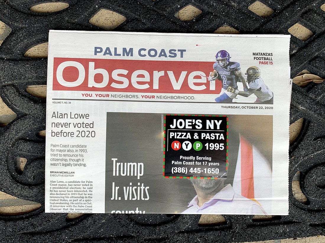 The sticker was placed on each print edition by a machine in Ocala. It was not a political statement. (Joe's NY Pizza will not be charged extra for this ad appearing again on our website.) Photo by Brian McMillan