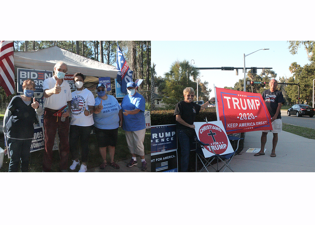 Biden supporters at the library, left, and Trump supporters at the Palm Coast Community Center on Election Day. Photo by Jonathan Simmons