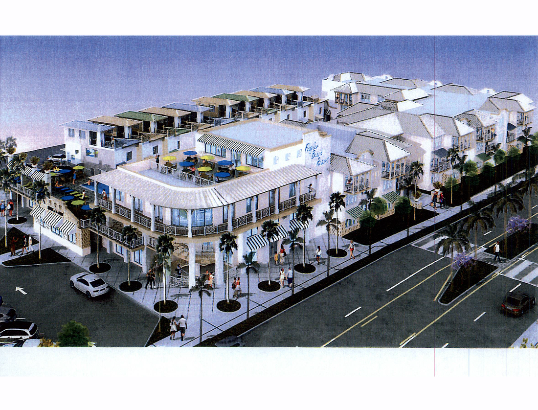 A rendering of the proposed resort building. The roofline would largely be at 39 feet, meeting Flagler Beach's height requirements. Image from city meeting backup documentation