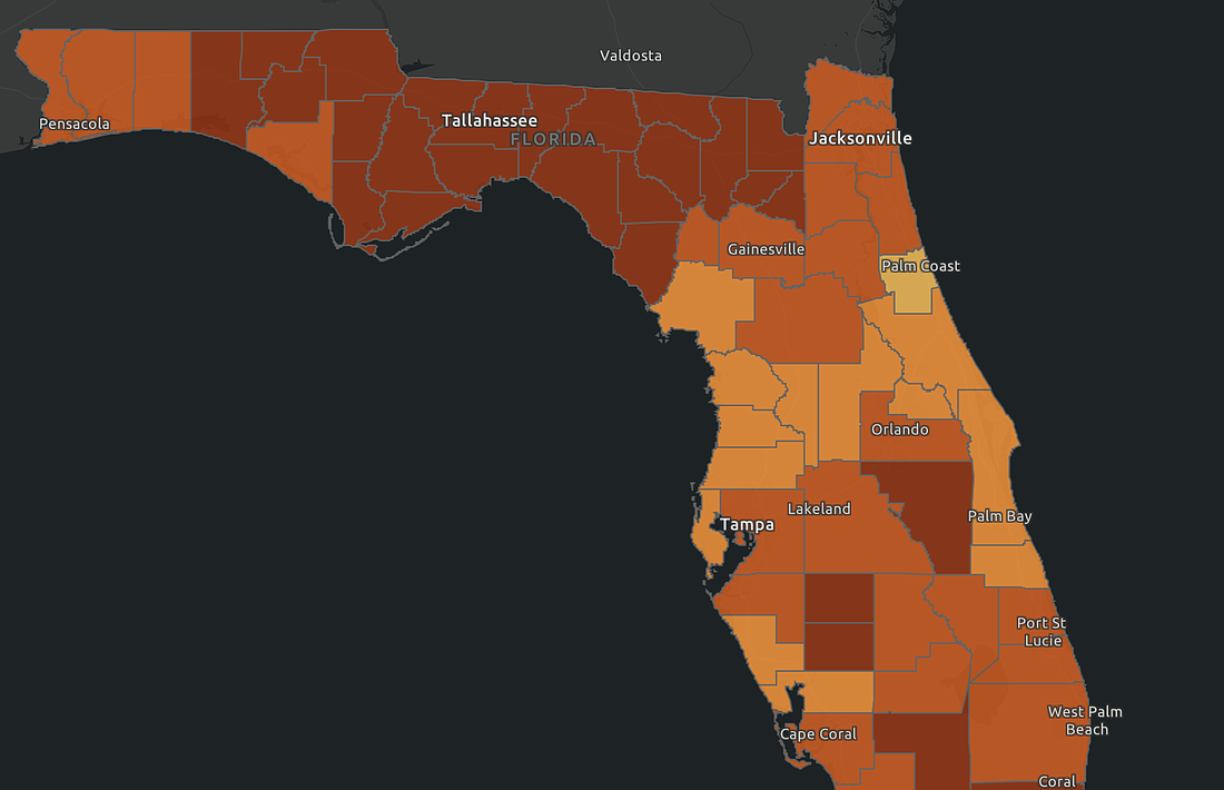 The Department of Health's heat map shows a bright light in the state, when it comes to COVID-19 cases per 100,000 people: Flagler County.