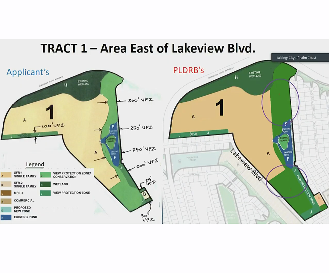 The developer's proposal for tract one of the property is at left, while the planning board's preferred version ' the one the City Council decided to approve ' it at right. Image courtesy of the city of Palm Coast