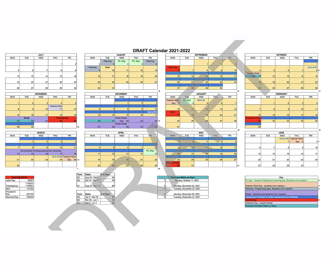 The 2020-2021 academic calendar as approved by the School Board on Jan. 19. Image from board meeting backup documents