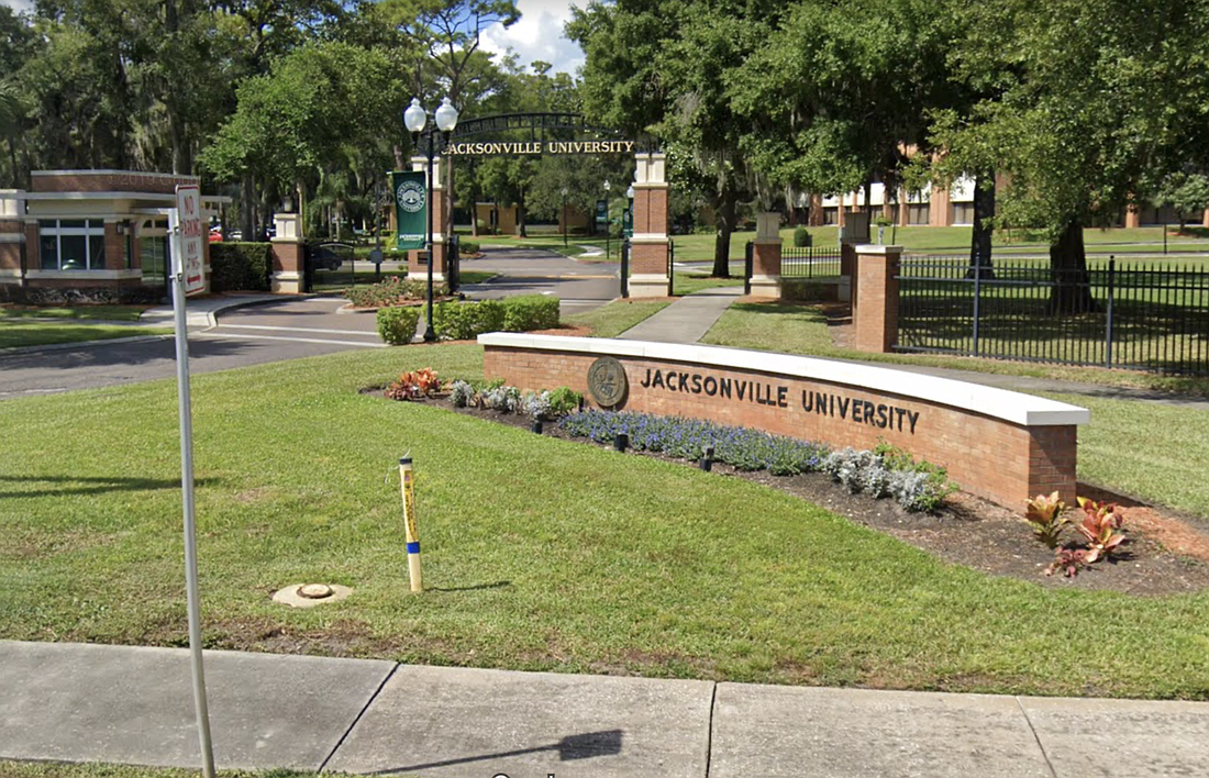 An entrance to Jacksonville University's main location off the eastern shore of the St. Johns River in Jacksonville. Image from Google Maps