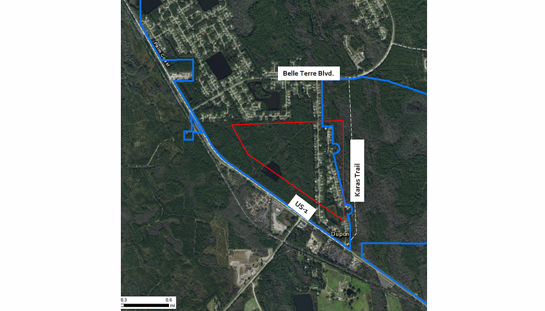 The development area, outlined in red. Image courtesy of the city of Palm Coast