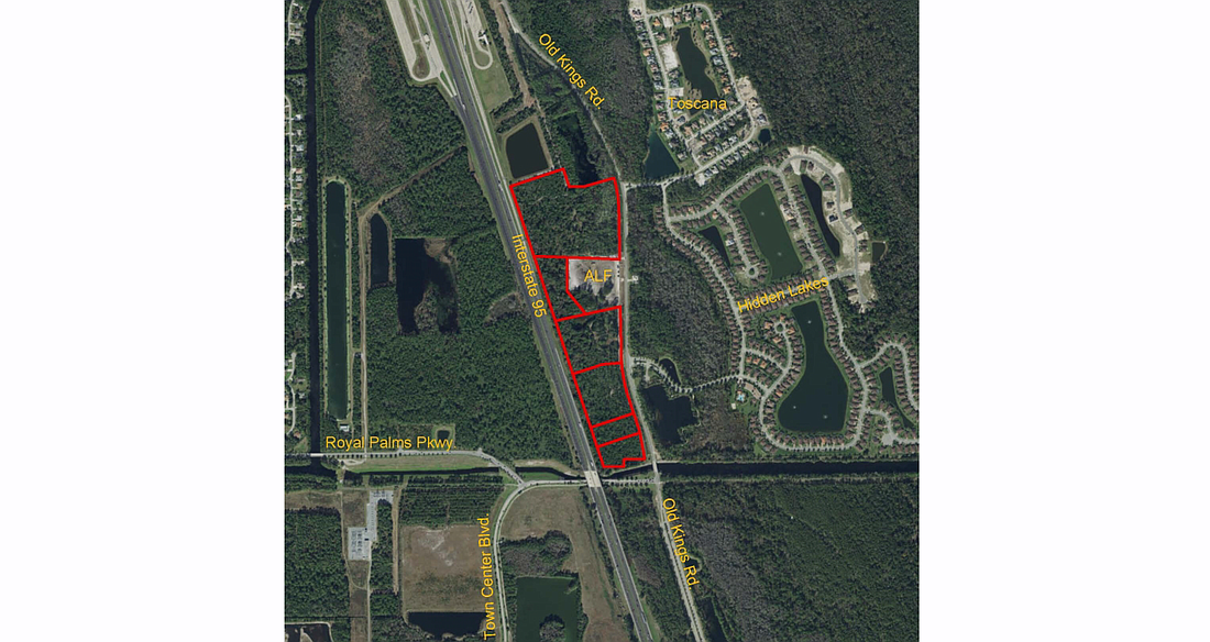 The applicants want to rezone the parcels in red '” currently zoned for office and commercial use '” so the duplexes can be built there. Image courtesy of the city of Palm Coast