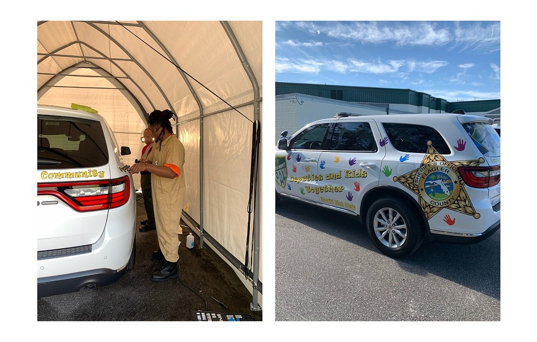 Left: FCSO Corporal George Bender and inmate; Right: FCSO car with decals. Courtesy photos