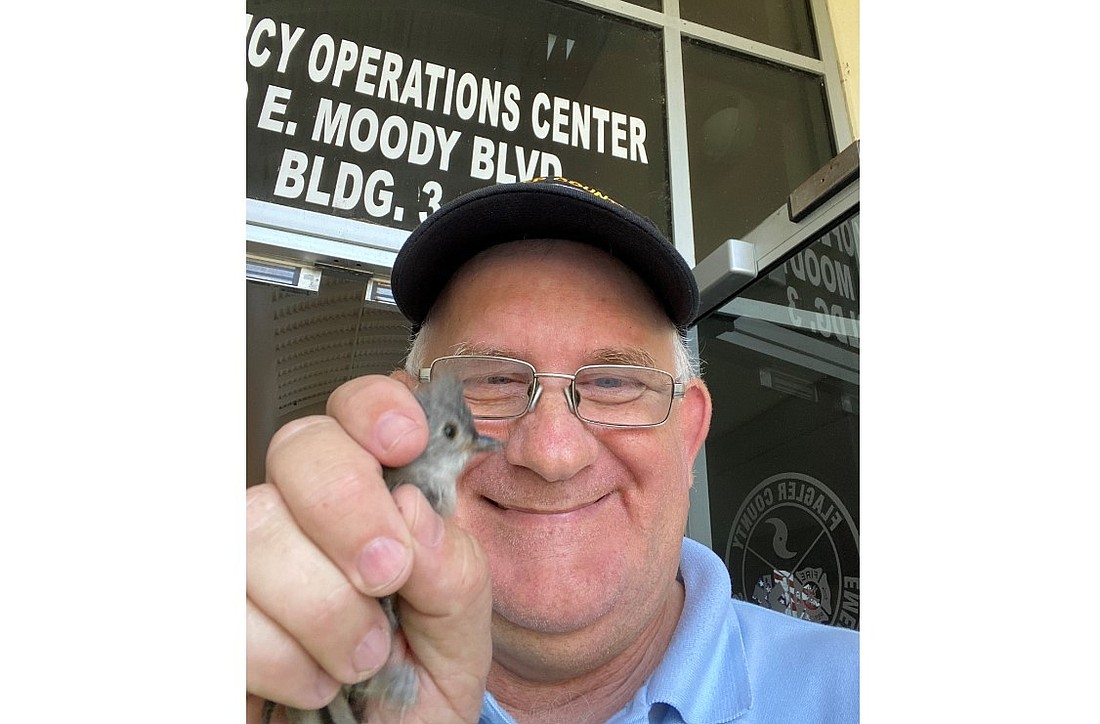 Emergency Management Specialist Bob Pickering with the rescued tufted titmouse. Courtesy photo
