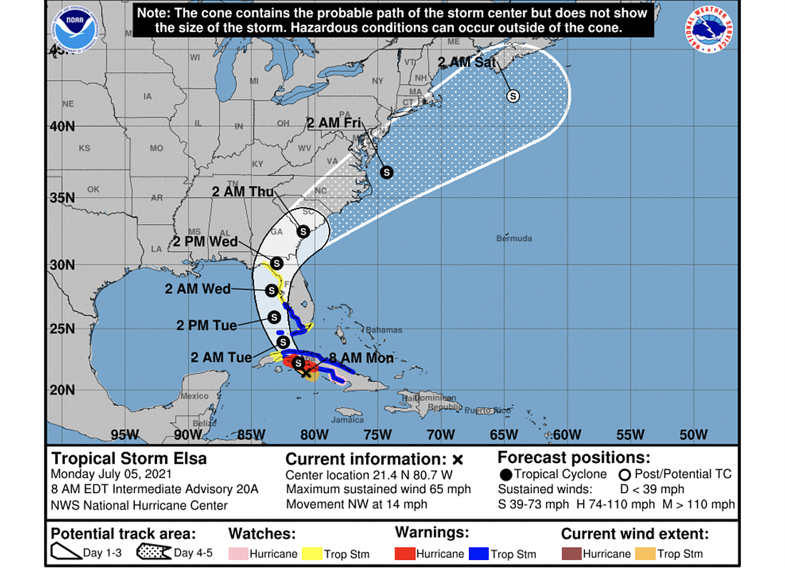 Elsa's expected track as of the morning of Monday, July 5. Image courtesy of the National Hurricane Center