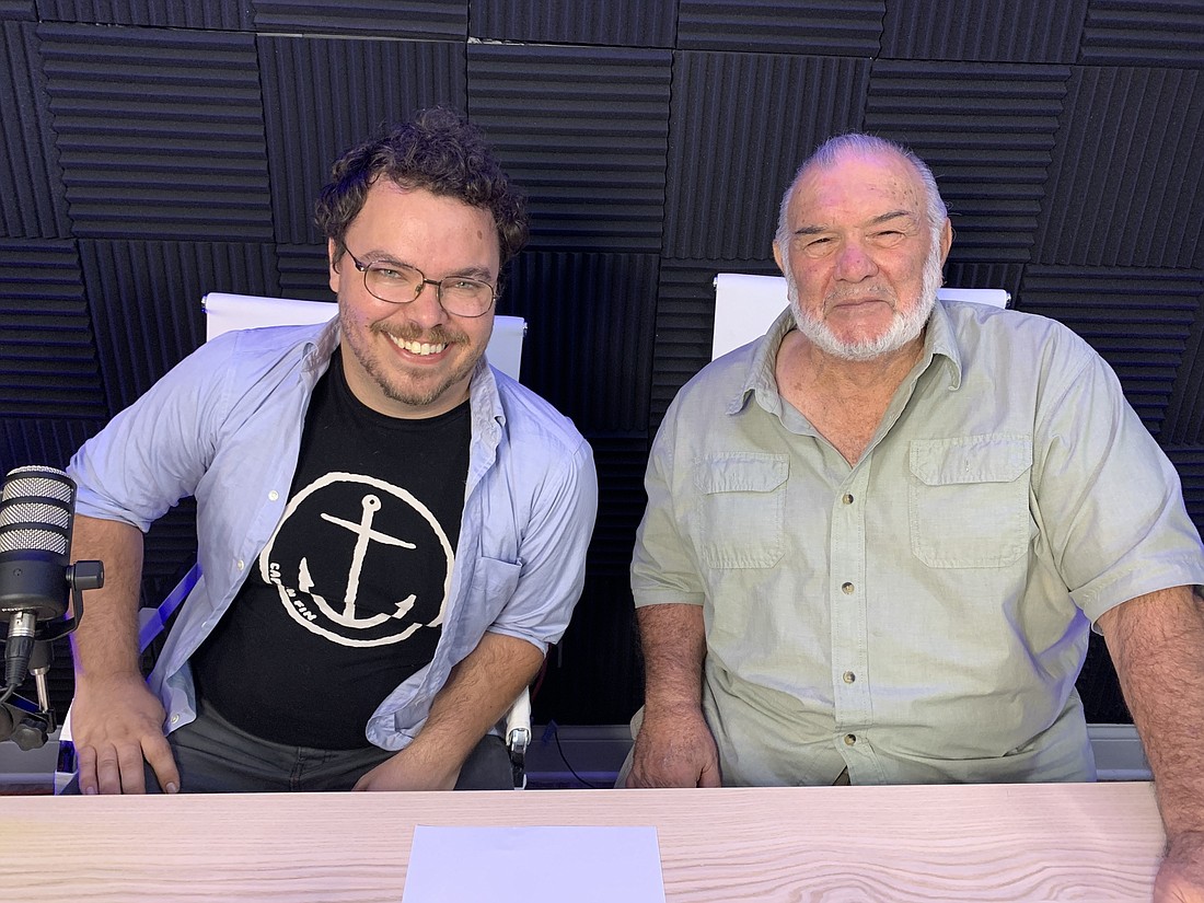 Director Beau Wade and City Repertory Theatre co-founder John Sbordone, at the set of the Palm Coast Observer's YouTube show, "Observations" (https://buff.ly/3iQXpHi). (Photo by Brian McMillan)
