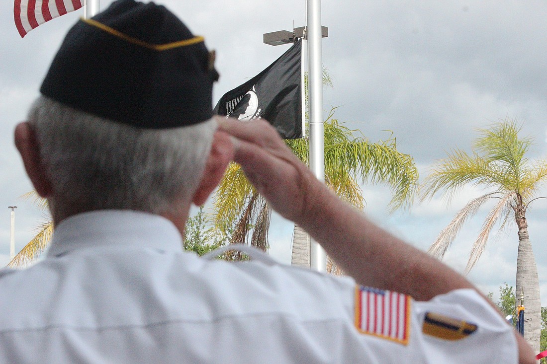 A veteran salutes the flag during a ceremony at the county's Government Services Building. File photo