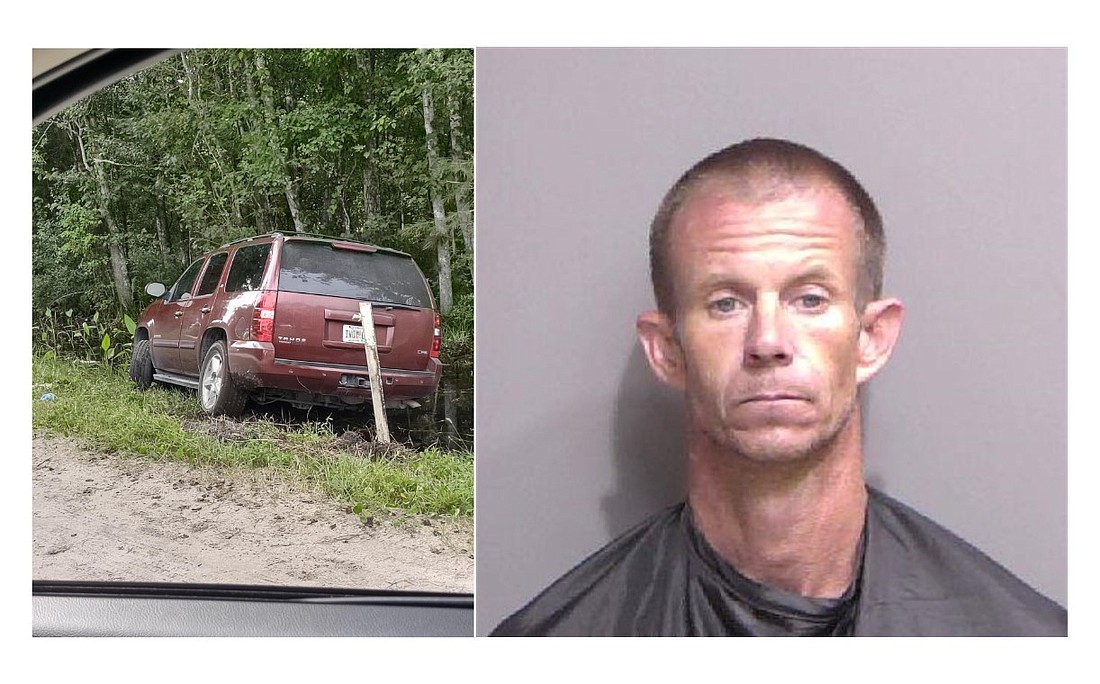 The disabled vehicle in a drainage ditch after stop stick deployment; Duane Simpers booking photo